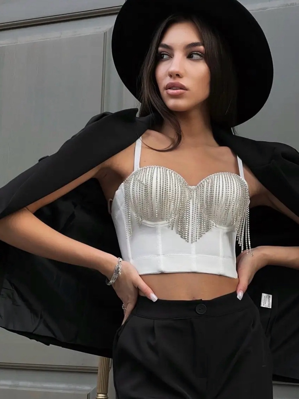 NWOT The Sang White Bustier Corset with Rhinestone Fringe Size S